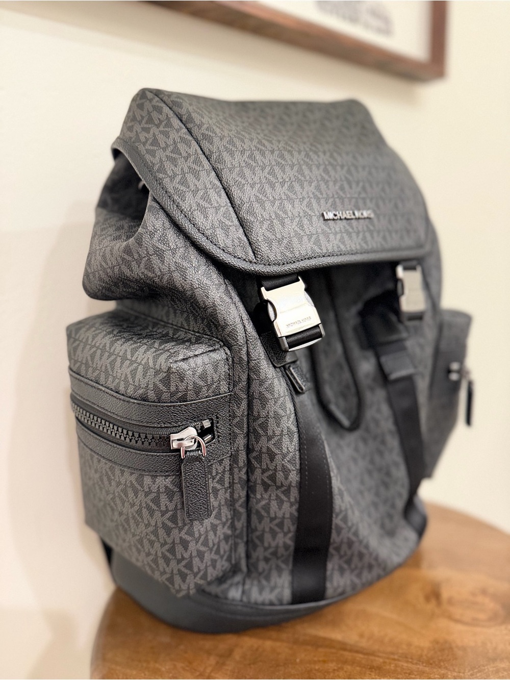 Michael Kors Gray MK Monogram Buckle Backpack